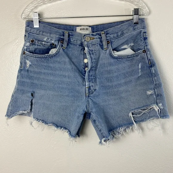 AGOLDE Parker Long Distressed Button Fly Blue Shorts Women’s size 28 - Picture 15 of 15